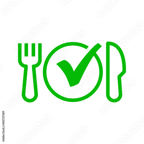 Logotipo dieta saludable. Banner con silueta de tenedor y cuchillo con checkmark en circunferencia con líneas en color verde