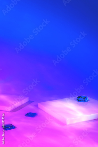 Abstract surreal scene - empty stage with white square podium on holographic neon pink colored background. Pedestal for cosmetic, beauty product, packaging mockups display presentation