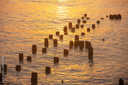 Remains of the old pier of Gressa Krasin at dawn. photo