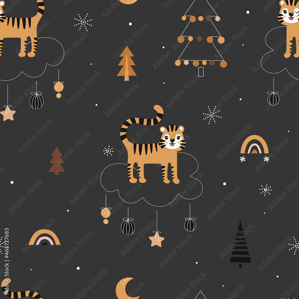 Fototapeta premium Cute seamless Christmas pattern with tigers and Christmas trees