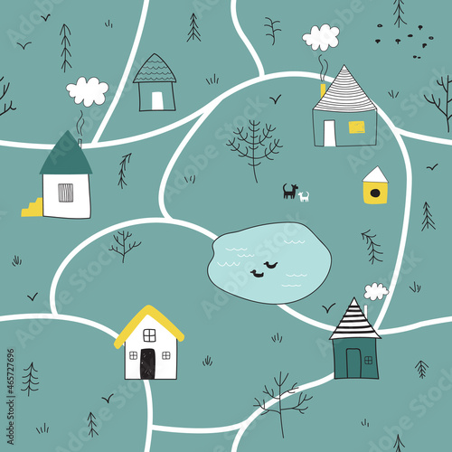 Cute seamless pattern with a village.