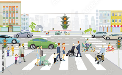 Stadtsilhouette mit Straßenverkehr und Fußgänger auf dem Zebrastreifen, Illustration