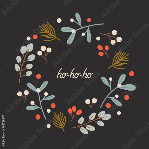 Hand-drawn card of Christmas wreath with eucalyptus, mistletoe, pine, berries, and hand lettering. Concept of the winter season, holidays, Christmas, New Year. Hand-drawn colorful vector illustration.