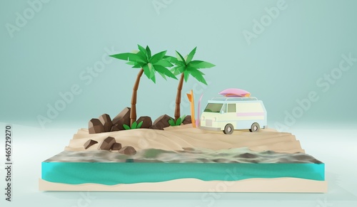 Sunny tropical beach with van and surf.3D rendering