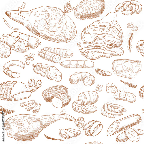 Seamless Pattern of meat products and meat delicacies. Sausages, ham, bacon, lard, salami in sketch style. Background for printing butcher shop packaging