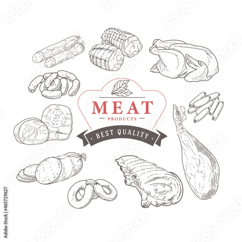 Set of meat products and meat delicacies. Sausages, ham, bacon, lard, salami in sketch style.