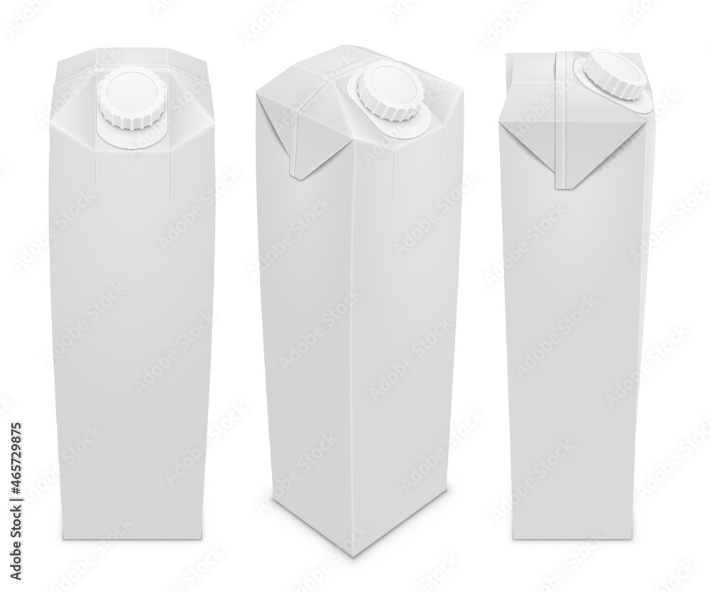 Сarton package with a screw plastic cap for juice, milk, beverage. Set of various projections. Vector isolated realistic template illustration. Сarton package with a screw plastic cap for juice, milk, beverage. Set of various projections. Vector isolated realistic template illustration.