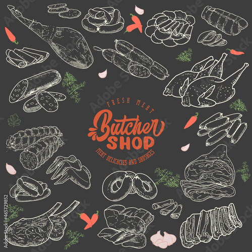A set of meat products on a blackboard with chalk. Sausages, ham, bacon, lard, salami in sketch style.