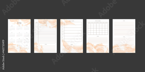 2023 calendar and daily weekly monthly planner collection with abstract watercolor spots. Week starts on Sunday