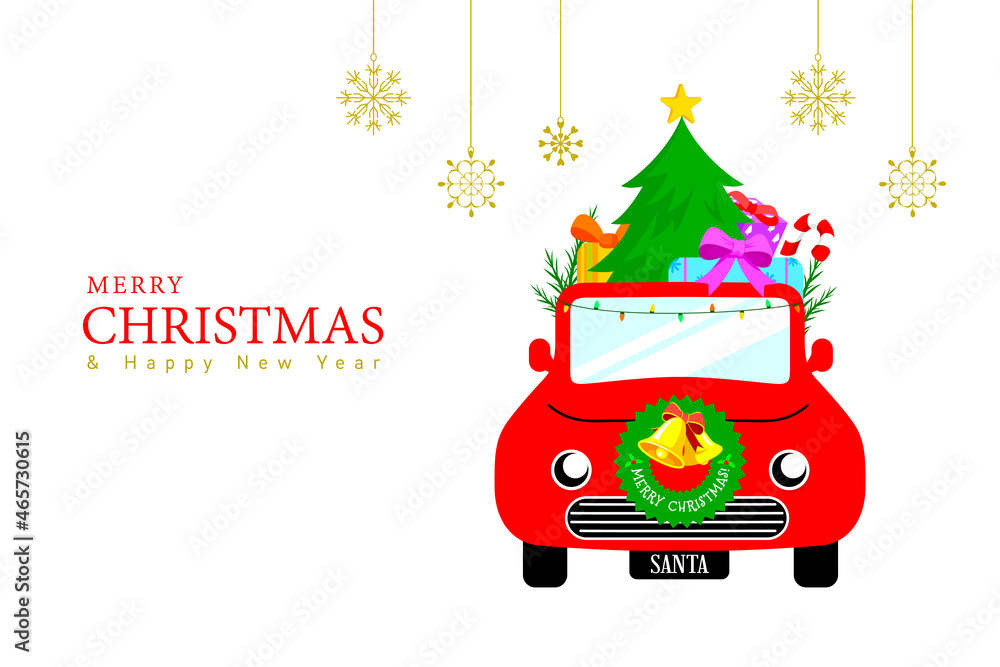 Red Santa's car with gift boxes and christmas tree. Merry Christmas and a Happy New Year concept. Vector illustration.