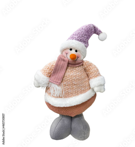 snowman toy isolated on white background. Christmas snowman close up with scarf, isolated