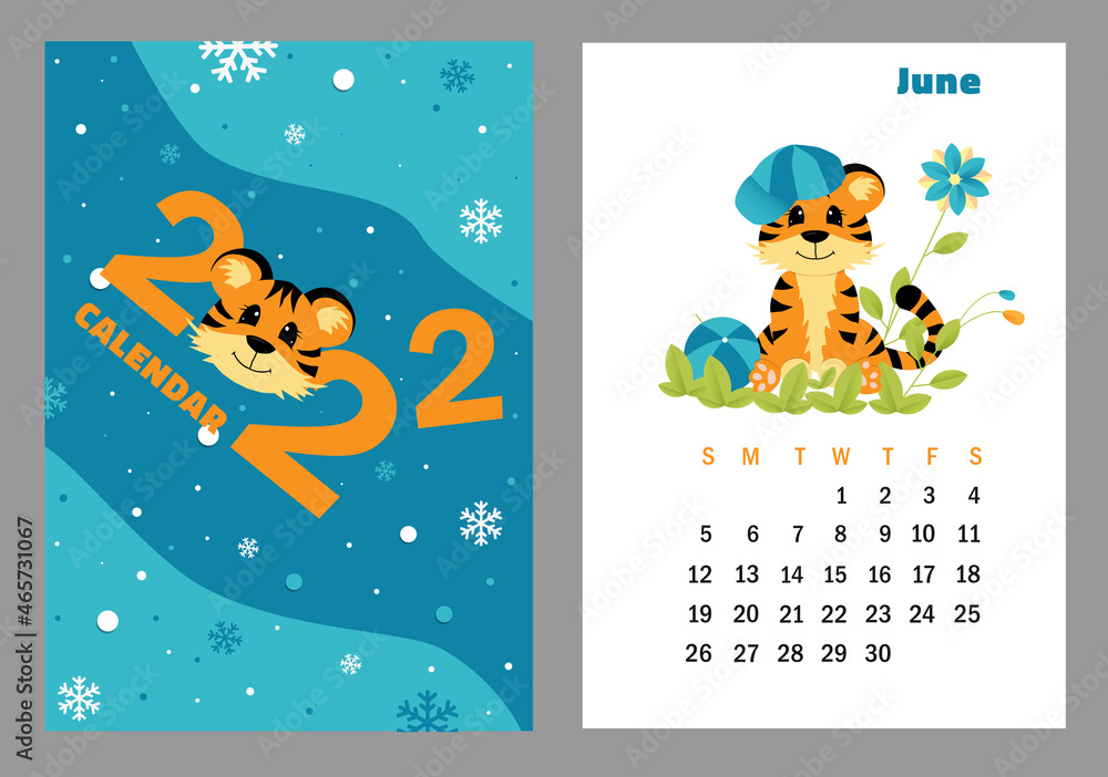 Fototapeta premium Vector vertical calendar 2022 with symbol of the year tiger. Cute funny character little tiger. Week starts on Sunday. A set of page June and cover in size A3, A4, A5. Colorful design. EPS10.