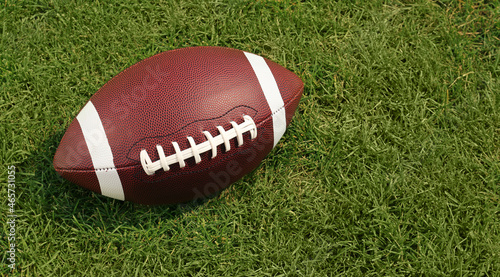 American football ball on green grass. Space for text