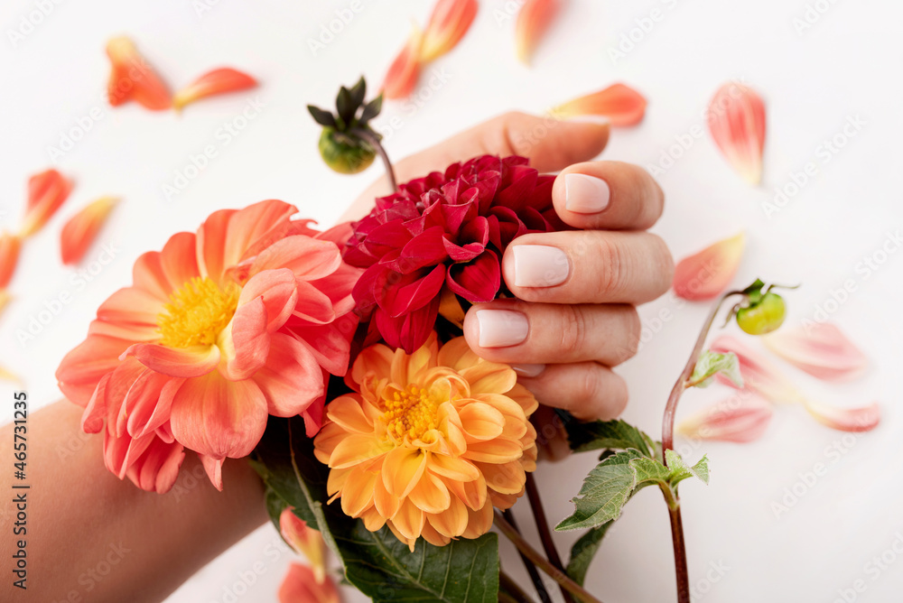 Light manicure with gel coating on a young female hand with bright flowers on a white background