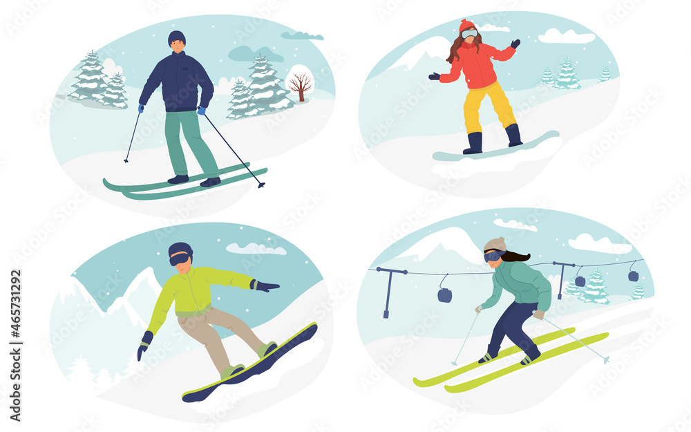 set of Winter activities. Vector illustration of happy cartoon skiers people snowboarders, in winter landscape. Isolated on white. man, woman child skiing. flat collaction