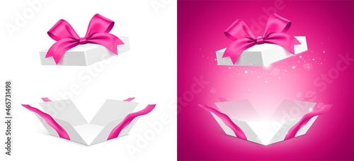 Feminine style unfolded gift box, with a pink ribbon, and shining glitter light, isolated on white and pink background. Girly present box vector set.
