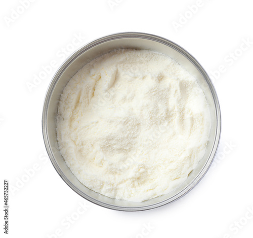 Can of powdered infant formula isolated on white, top view. Baby milk