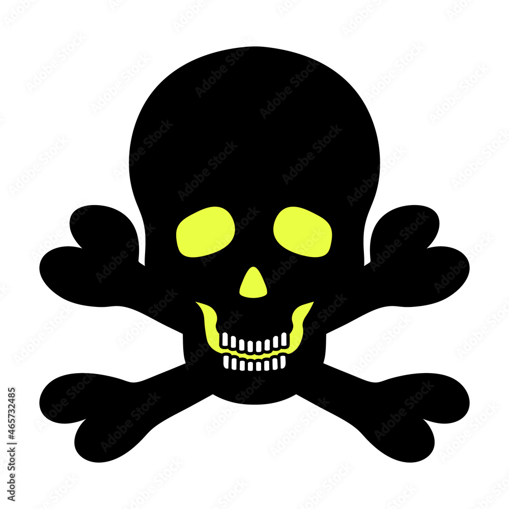Skull and crossbones. Silhouette with glowing eyes. Vector illustration. Pirate symbol. Jaw with straight teeth. Hollows instead of eyes and nose. An integral part of the skeleton. Skull and crossbones. Silhouette with glowing eyes. Vector illustration. Pirate symbol. Jaw with straight teeth. Hollows instead of eyes and nose. An integral part of the skeleton.
