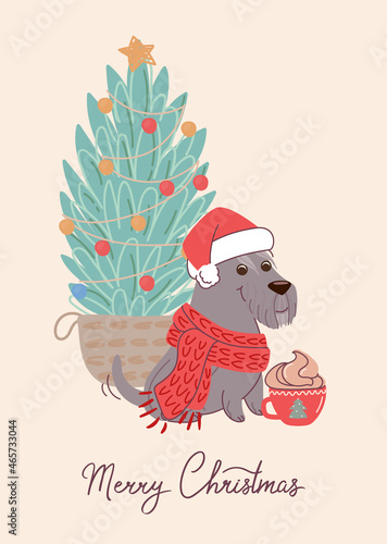 Cute dog schnauzer on christmas card. Vector illustration with Christmas tree in flat style and lettering Merry Christmas.