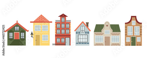 Set of houses with different design exterior in flat style vector illustration