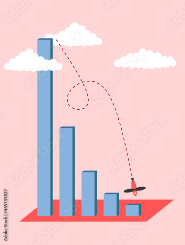 Gráfico de barras que desciende exponencialmente desde las nubes, junto con un avión que se desploma. Concepto de disminución exponencial del ingreso. Depresión económica y caída de las ventas. 