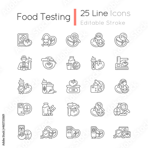 Food testing linear icons set. Examination methods. Nutrition scientific analysis. Laboratory research. Customizable thin line contour symbols. Isolated vector outline illustrations. Editable stroke