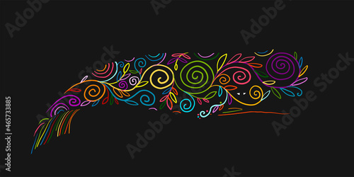 Wild Whale with Floral Ornaments. Colorful Art Sketch for your design