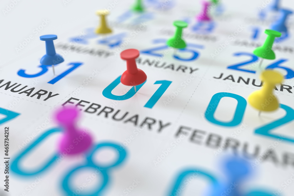 February 1 date and push pin on a calendar, 3D rendering February 1 date and push pin on a calendar, 3D rendering