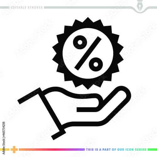 Editable line icon of discount bank as a customizable black stroke eps vector graphic.