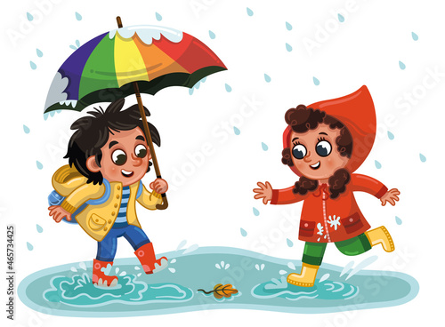 Two kids having fun under the rain. Vector illustration.