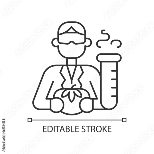 Food analyst linear icon. Food scientist. Nutrition safety tester. Chemical laboratory worker. Thin line customizable illustration. Contour symbol. Vector isolated outline drawing. Editable stroke