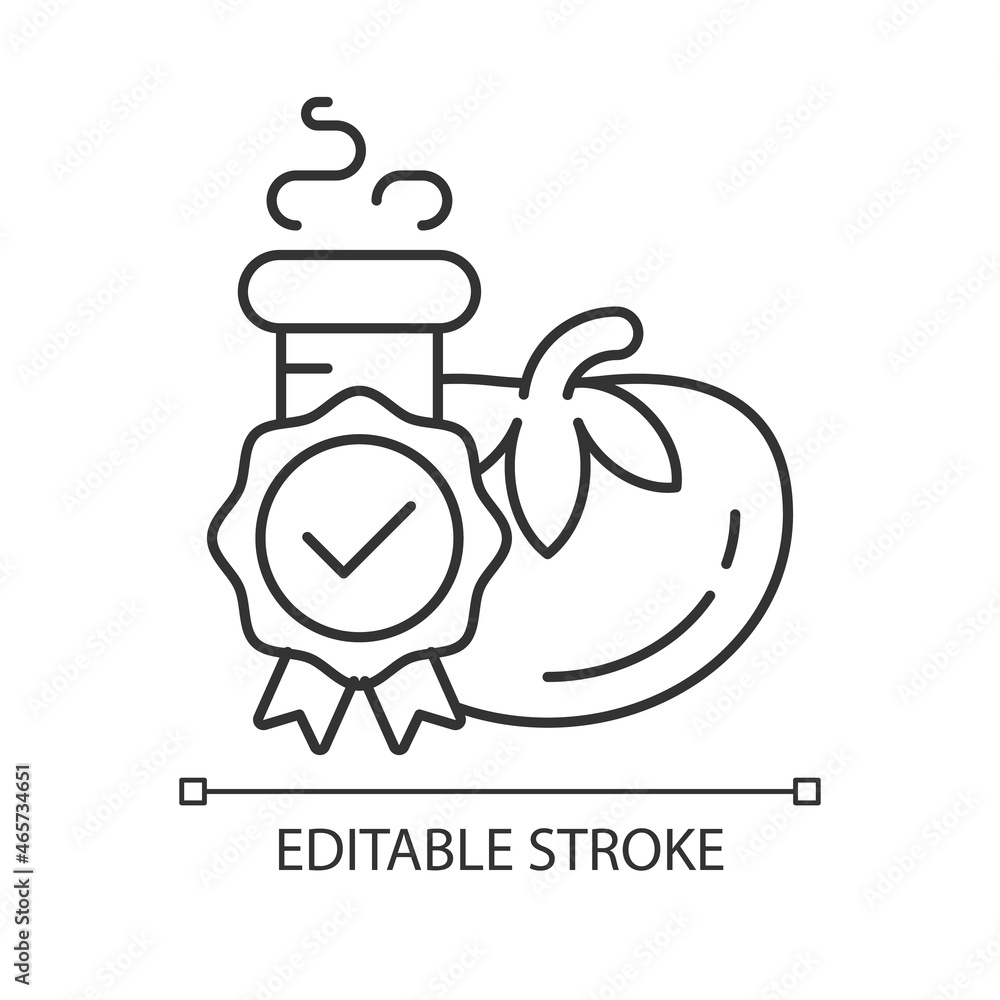 Fototapeta premium Food quality testing linear icon. Scientific food analysis. Products visual appearance evaluation. Thin line customizable illustration. Contour symbol. Vector isolated outline drawing. Editable stroke