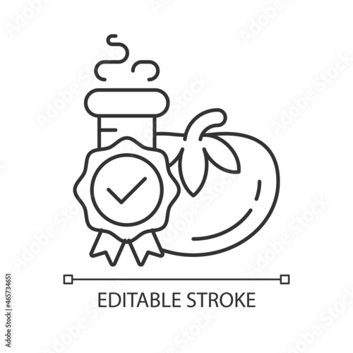 Food quality testing linear icon. Scientific food analysis. Products visual appearance evaluation. Thin line customizable illustration. Contour symbol. Vector isolated outline drawing. Editable stroke