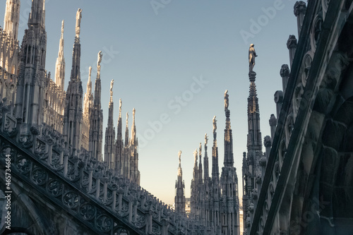 Sculptures on the towers of the Duomo Cathedral in Milan