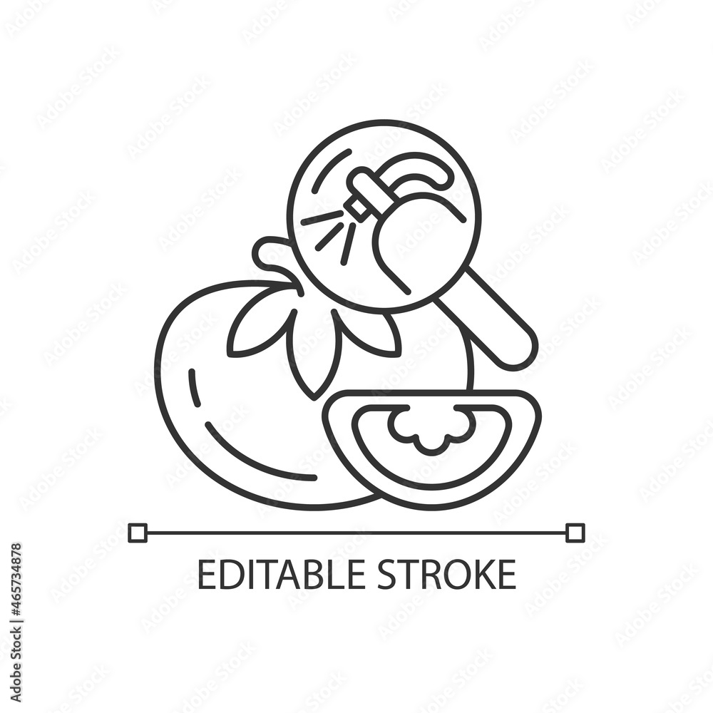 Pesticide residue testing linear icon. Food product pesticide hazard detection. Chemical analysis. Thin line customizable illustration. Contour symbol. Vector isolated outline drawing. Editable stroke