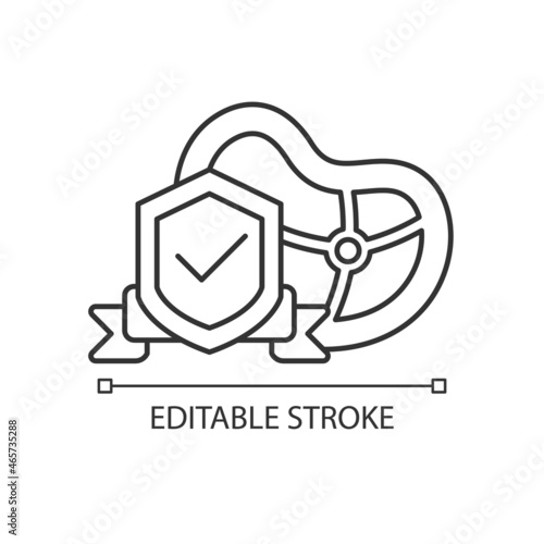 Food safety linear icon. Food hygiene. Foodborne illness prevention. Preparation and conservation. Thin line customizable illustration. Contour symbol. Vector isolated outline drawing. Editable stroke