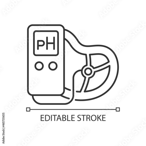 Food pH measurement linear icon. Products acidity and alkalinity amount. Nutrition pH value. Thin line customizable illustration. Contour symbol. Vector isolated outline drawing. Editable stroke