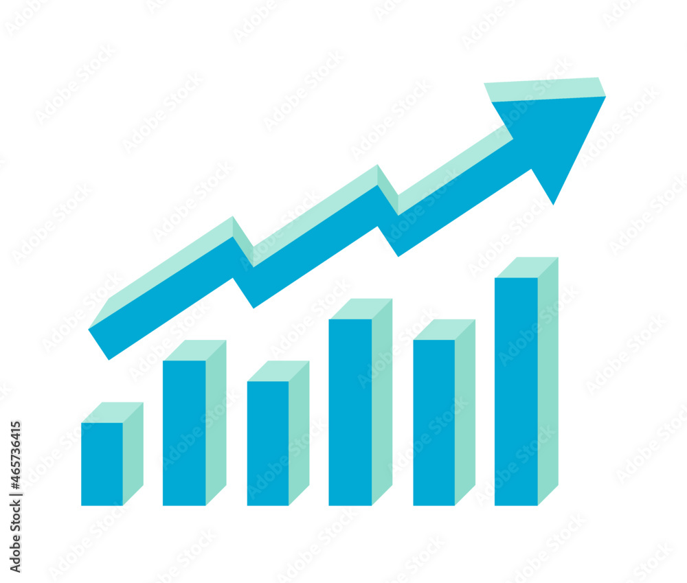 Graph that represents the gradual growth of income with small setbacks. Bar chart with an arrow above it indicating the direction of the data represented on it.