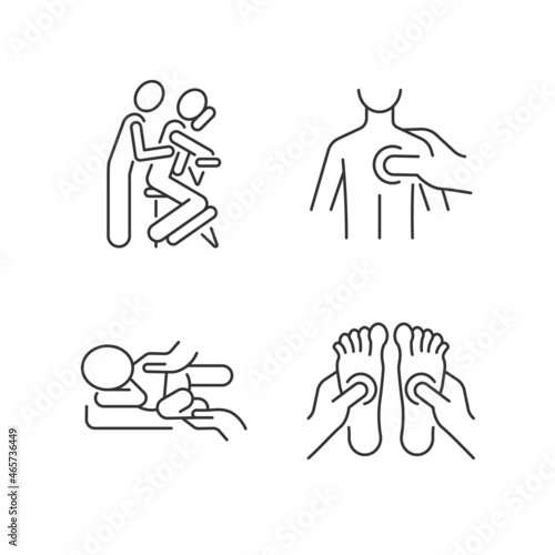 Massage therapy techniques linear icons set. Pressing on trigger points. Treating newborn colic. Customizable thin line contour symbols. Isolated vector outline illustrations. Editable stroke