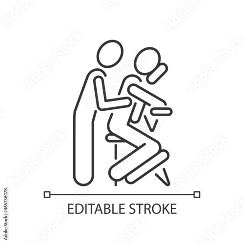 Chair massage linear icon. Performing treatment in seated position. Relax muscles in upper body. Thin line customizable illustration. Contour symbol. Vector isolated outline drawing. Editable stroke