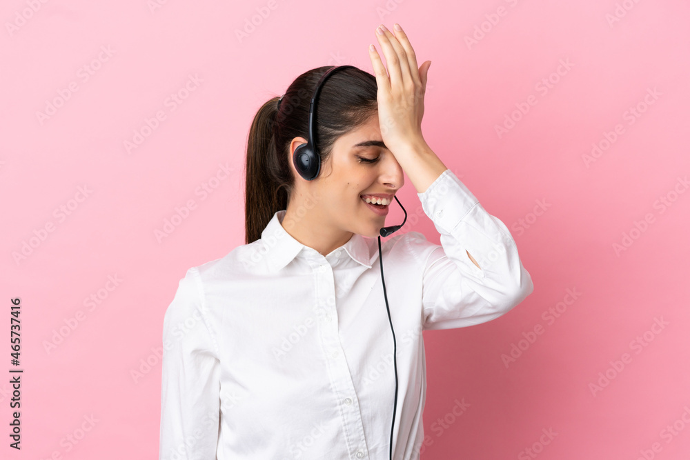 Young telemarketer over isolated background has realized something and intending the solution Young telemarketer over isolated background has realized something and intending the solution
