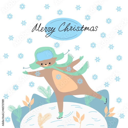 Greeting Christmas card whith ice skating bear