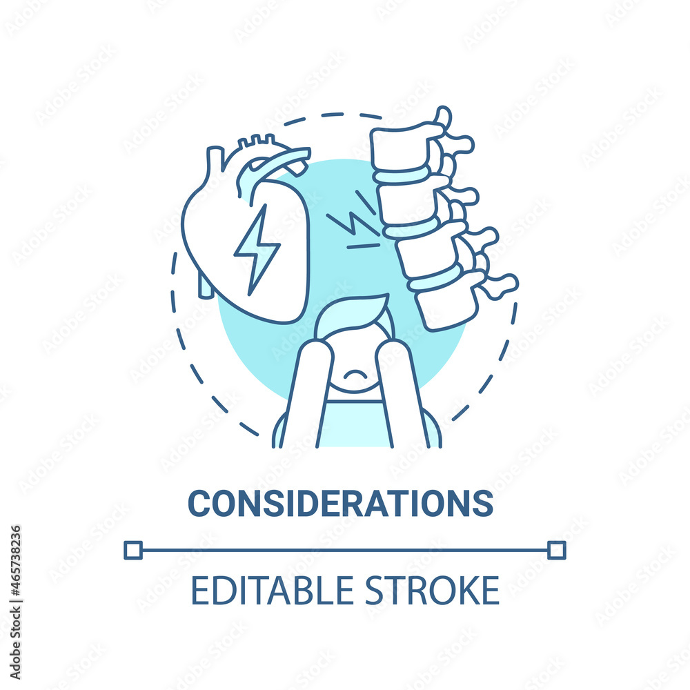 Considerations blue concept icon. Pulmonary rehabilitation abstract idea thin line illustration. Treatment difficulties awareness. Vector isolated outline color drawing. Editable stroke Considerations blue concept icon. Pulmonary rehabilitation abstract idea thin line illustration. Treatment difficulties awareness. Vector isolated outline color drawing. Editable stroke