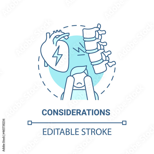 Considerations blue concept icon. Pulmonary rehabilitation abstract idea thin line illustration. Treatment difficulties awareness. Vector isolated outline color drawing. Editable stroke