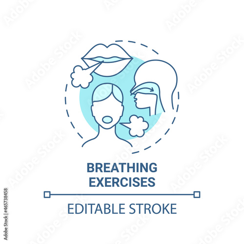 Breathing exercises blue concept icon. Respiratory rehabilitation abstract idea thin line illustration. Diaphragmatic and deep breathing. Vector isolated outline color drawing. Editable stroke