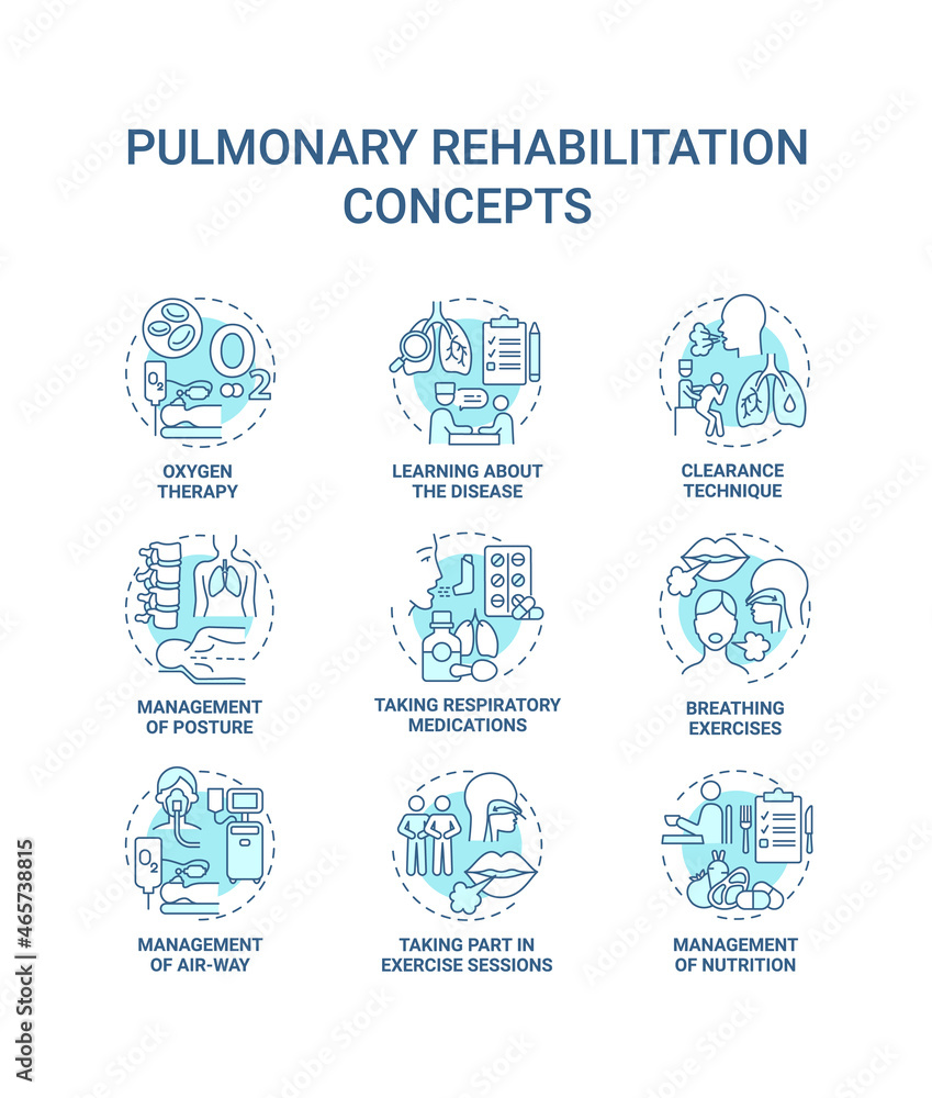 Pulmonary rehabilitation blue concept icons set. Respiratory diseases treatment idea thin line color illustrations. Breathing exercise. Vector isolated outline drawings. Editable stroke