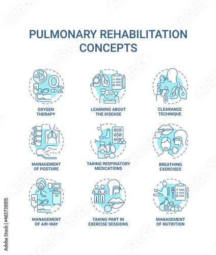 Pulmonary rehabilitation blue concept icons set. Respiratory diseases treatment idea thin line color illustrations. Breathing exercise. Vector isolated outline drawings. Editable stroke