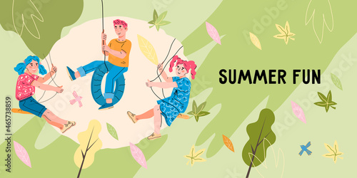 Kids summer fun and recreation banner or flyer layout with children swinging on swing in playground, flat vector illustration. Kids amusement park attractions and playgrounds advertising poster.