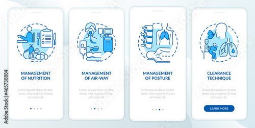 Pulmonary rehabilitation blue onboarding mobile app page screen. Recovery management walkthrough 4 steps graphic instructions with concepts. UI, UX, GUI vector template with linear color illustrations