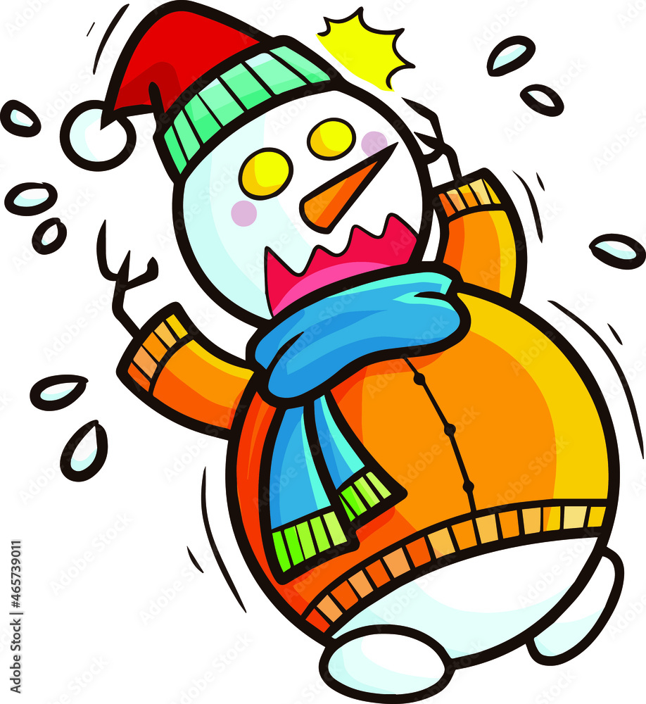 Funny snowman with orange sweater getting surprised